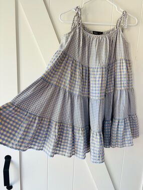 Gingham Tiered Cotton mini dress - Blue & tan, small